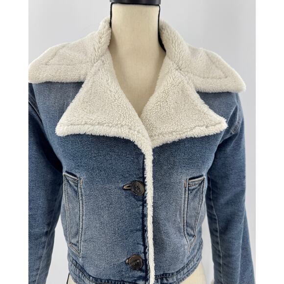 Hollister Faux Fur Lined Sherpa Denim Jacket Crop Jean Jacket XS - Picture 1 of 9